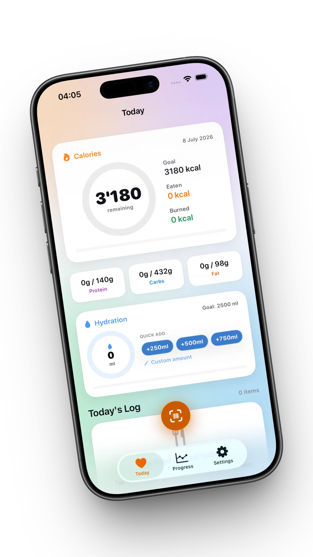 SummaFit iPhone dashboard with calories, macros, hydration, and progress